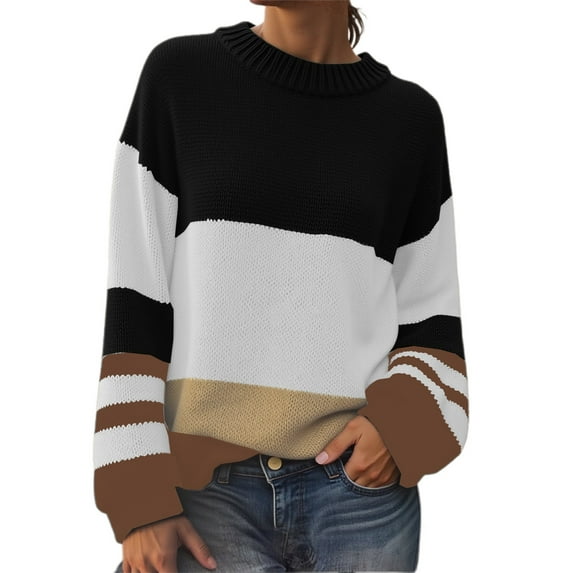 BOOMNY Womens Sweater Long Sleeve Sweaters for Women Patchwork Color Crewneck Knit Pullover Trendy Tops 2025 Fall Winter Knitwear