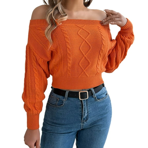 BOOMNY Womens Sweater Long Sleeve Sweaters for Women Solid Color Jacquard Off Shoulder Warm Knit Pullover Trendy Tops 2025 Fall Winter Knitwear