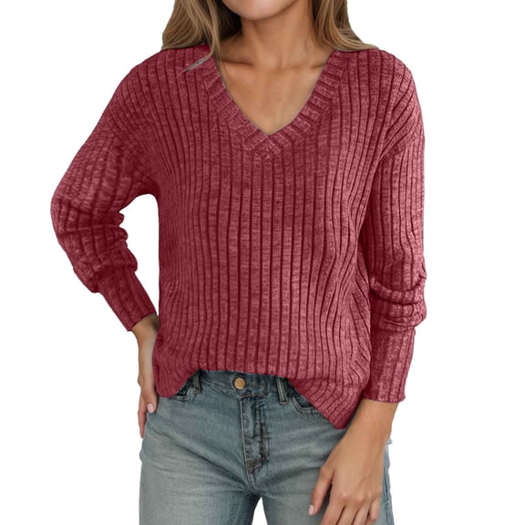 BOOMNY Womens Sweaters Long Sleeve Basic Sweaters for Women Solid Color V Neck Warm Knit Pullover Trendy Tops 2025 Fall Winter Knitwear