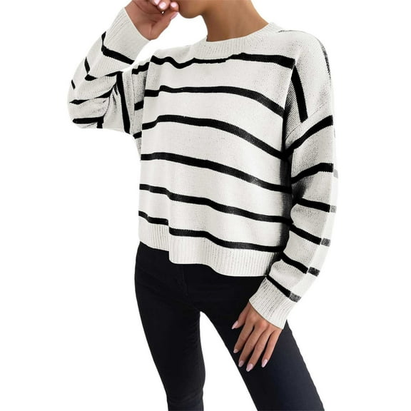 BOOMNY Womens Sweaters Long Sleeve Sweaters for Women Casual Striped Crewneck Warm Knit Pullover Trendy Tops 2025 Fall Winter Knitwear