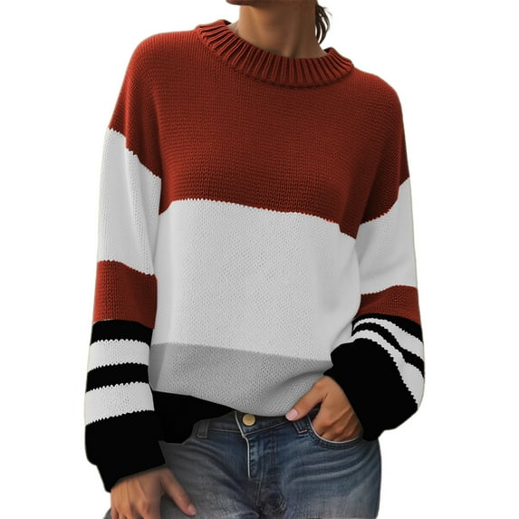 BOOMNY Womens Sweaters Long Sleeve Sweaters for Women Patchwork Color Crewneck Knit Pullover Trendy Tops 2025 Fall Winter Knitwear