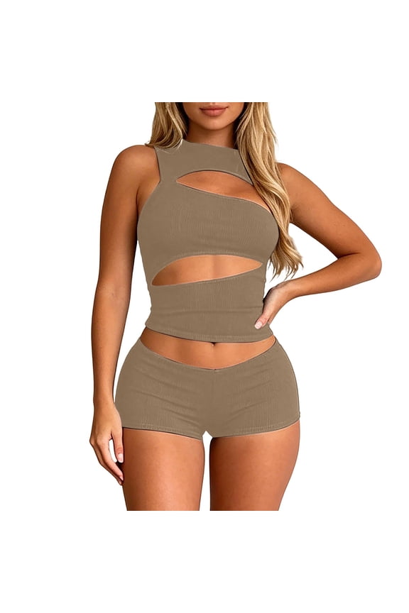 Womens Two Piece Shorts Set High Waist Sleeveless Cut Out Tops Bodycon Shorts Outfits Slim Summer Streetwear Matching Sets