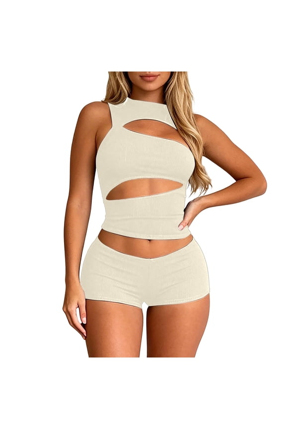 Womens Two Piece Shorts Set High Waist Sleeveless Cut Out Tops Bodycon Shorts Outfits Slim Summer Streetwear Matching Sets
