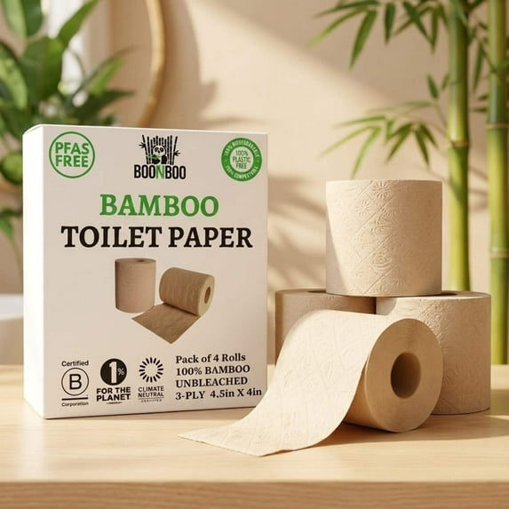 BOONBOO Toilet Paper | 100% Bamboo | Unbleached 4 Rolls | 3-Ply 180 Sheets | Sustainable & Renewable | Plastic-Free & Tree-Free