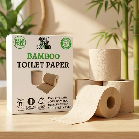 BOONBOO Toilet Paper | 100% Bamboo | Unbleached 4 Rolls | 3-Ply 180 Sheets | Sustainable & Renewable | Plastic-Free & Tree-Free