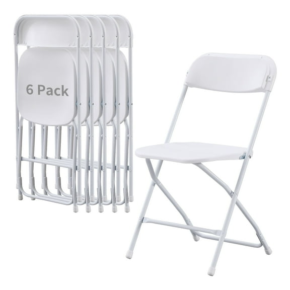 BOOSDEN Set of 6 plastic folding chairs with metal frame - Commercial stacking folding chairs for indoor and outdoor use - White