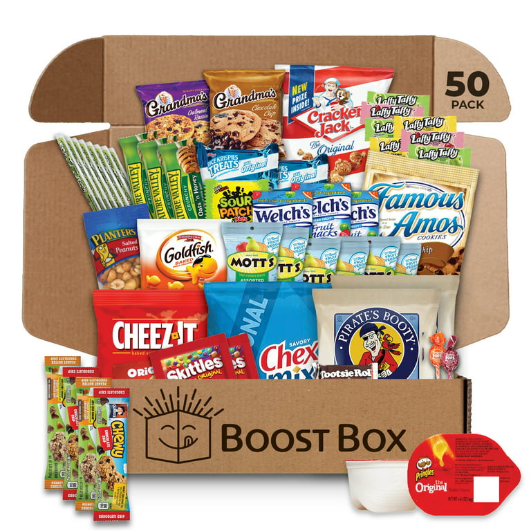 BOOST BOX (50 Count) Premium Snack Boxes, Care Packages & Gifts Baskets  Variety Pack Mix Gift Sampler Chips Cookies Candy Treats Office Staff  Military Adults Kids College Students Birthday Re 