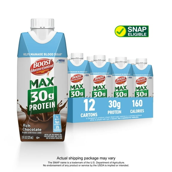BOOST Glucose Control Max 30g Protein Ready to Drink Nutritional Drink, Rich Chocolate, 12 Count (3 - 4 Packs)