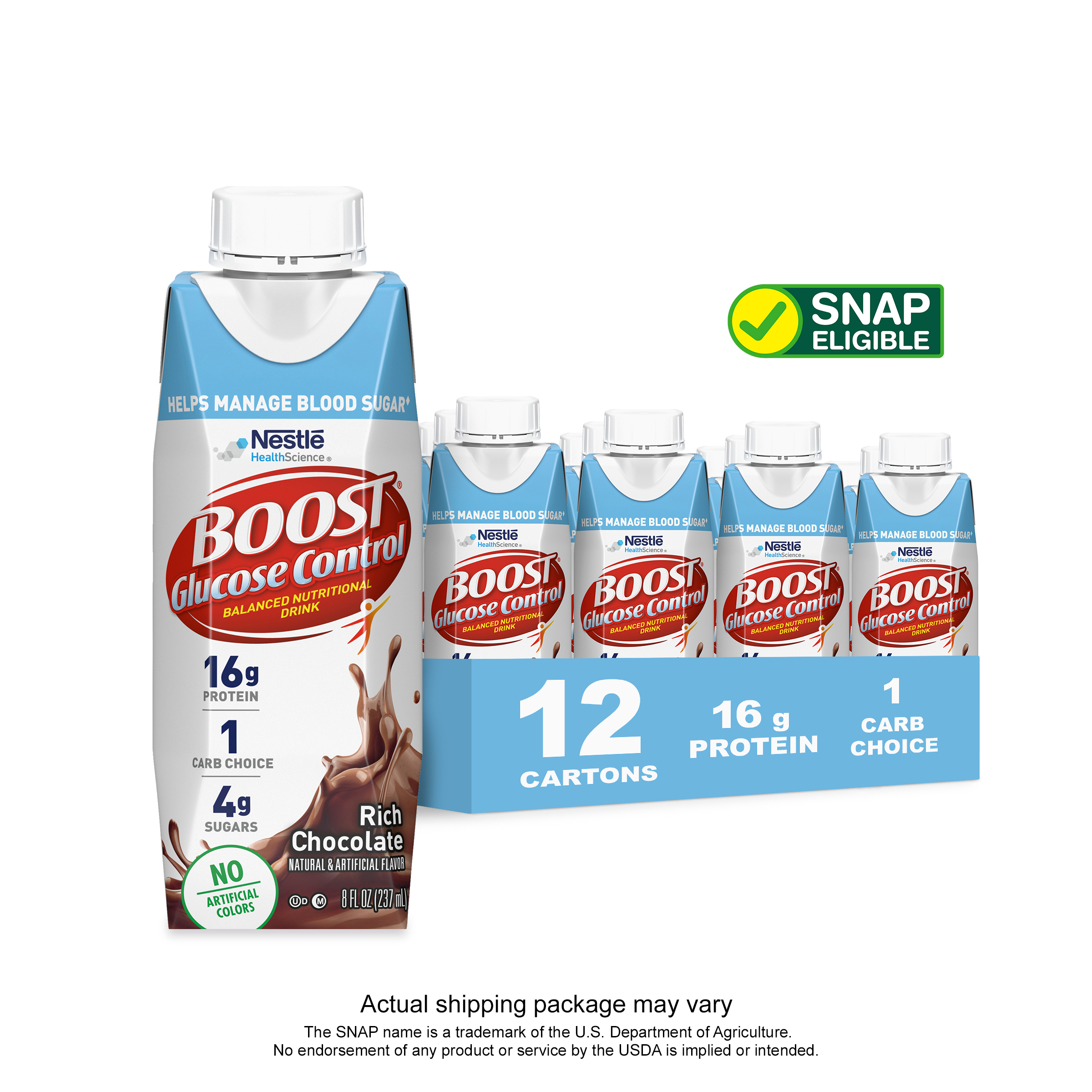 BOOST Glucose Control Nutritional Drink, Rich Chocolate, 16 g Protein, 12 - 8 fl oz Cartons - image 1 of 9