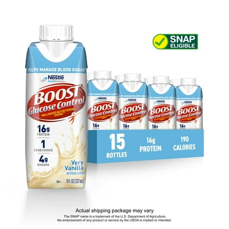 BOOST Glucose Control Nutritional Drink Protein Shakes, Very Vanilla, 8 fl oz, 15 Pack