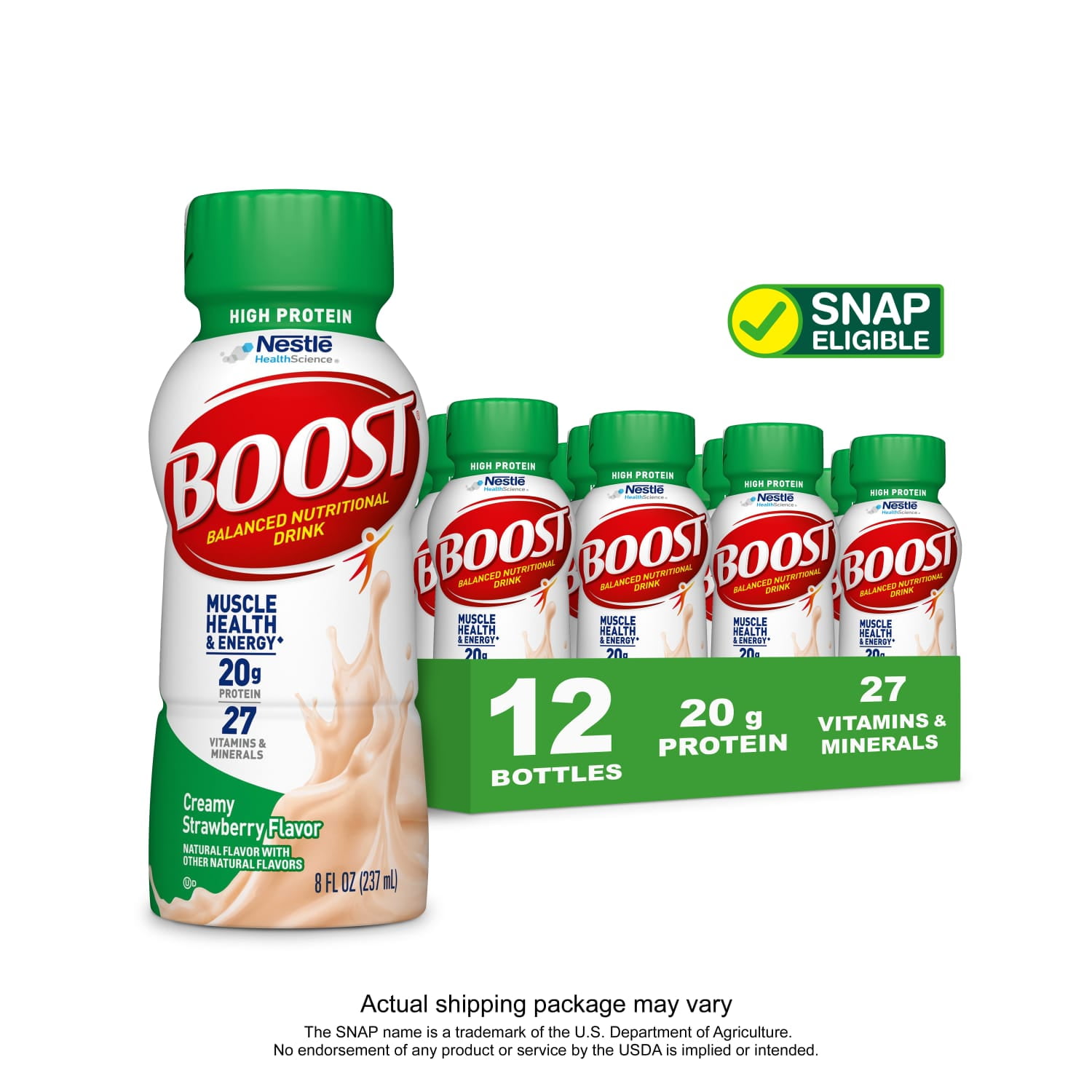 BOOST High Protein Nutritional Drink, Creamy Strawberry, 20 g Protein, 12 - 8 fl oz Bottles