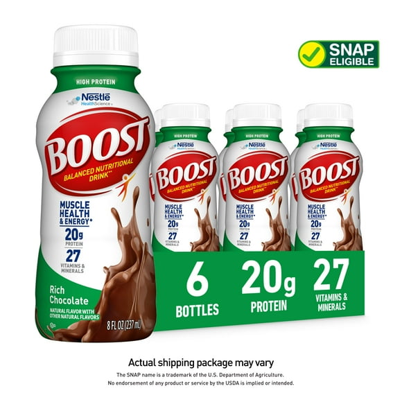 BOOST 20g High Protein Nutritional Drink Shakes, Rich Chocolate, 8 fl oz, 6 Pack