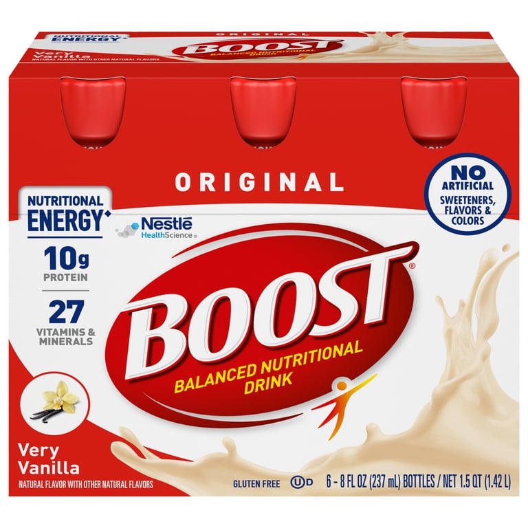 BOOST Original High Calorie Protein Nutritional Drink, Very Vanilla, 24 Count (4 - 6 Packs) - Walmart.com BOOST Original High Calorie Protein Nutritional Drink, Very Vanilla, 24 Count (4 - 6 Packs) - Walmart.com