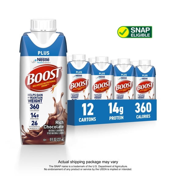 BOOST Plus Nutritional Drink Protein Shakes, Rich Chocolate, 8 fl oz, 12 Pack