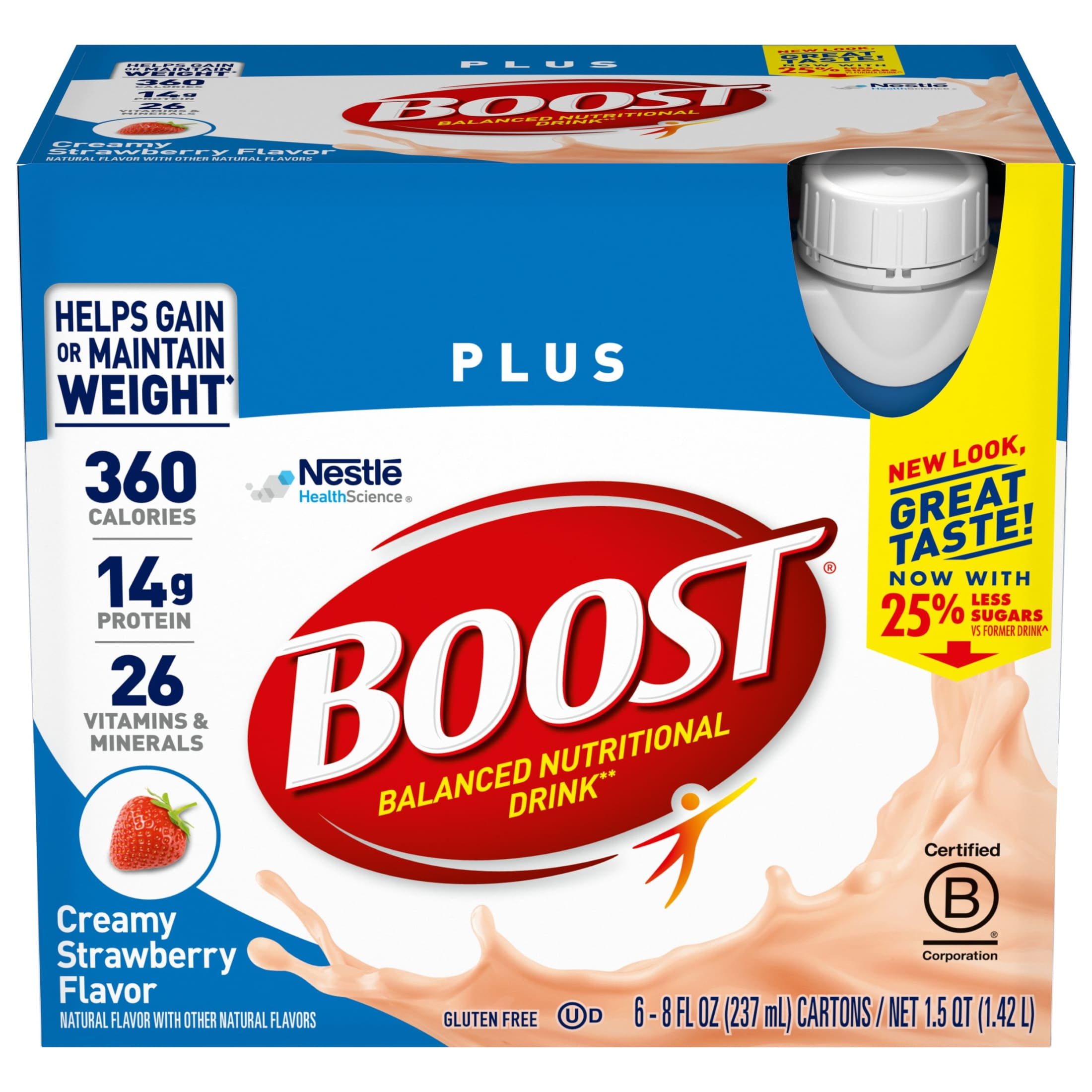 BOOST Plus Ready to Drink Nutritional Drink, Creamy Strawberry, 14 g Protein, 6 - 8 fl oz Cartons