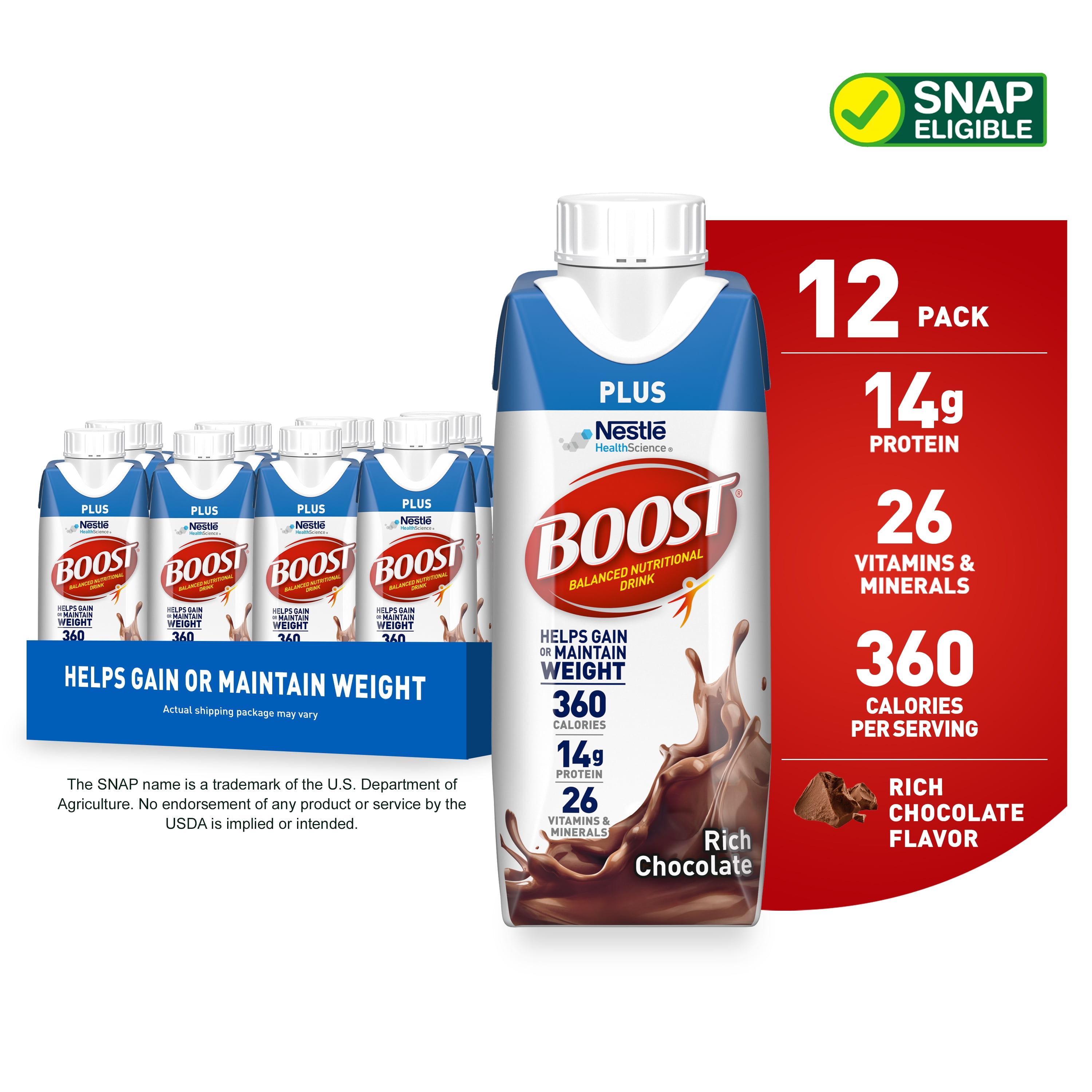 BOOST Plus Ready to Drink Nutritional Drink, Rich Chocolate, 14 g Protein, 12 - 8 fl oz Cartons