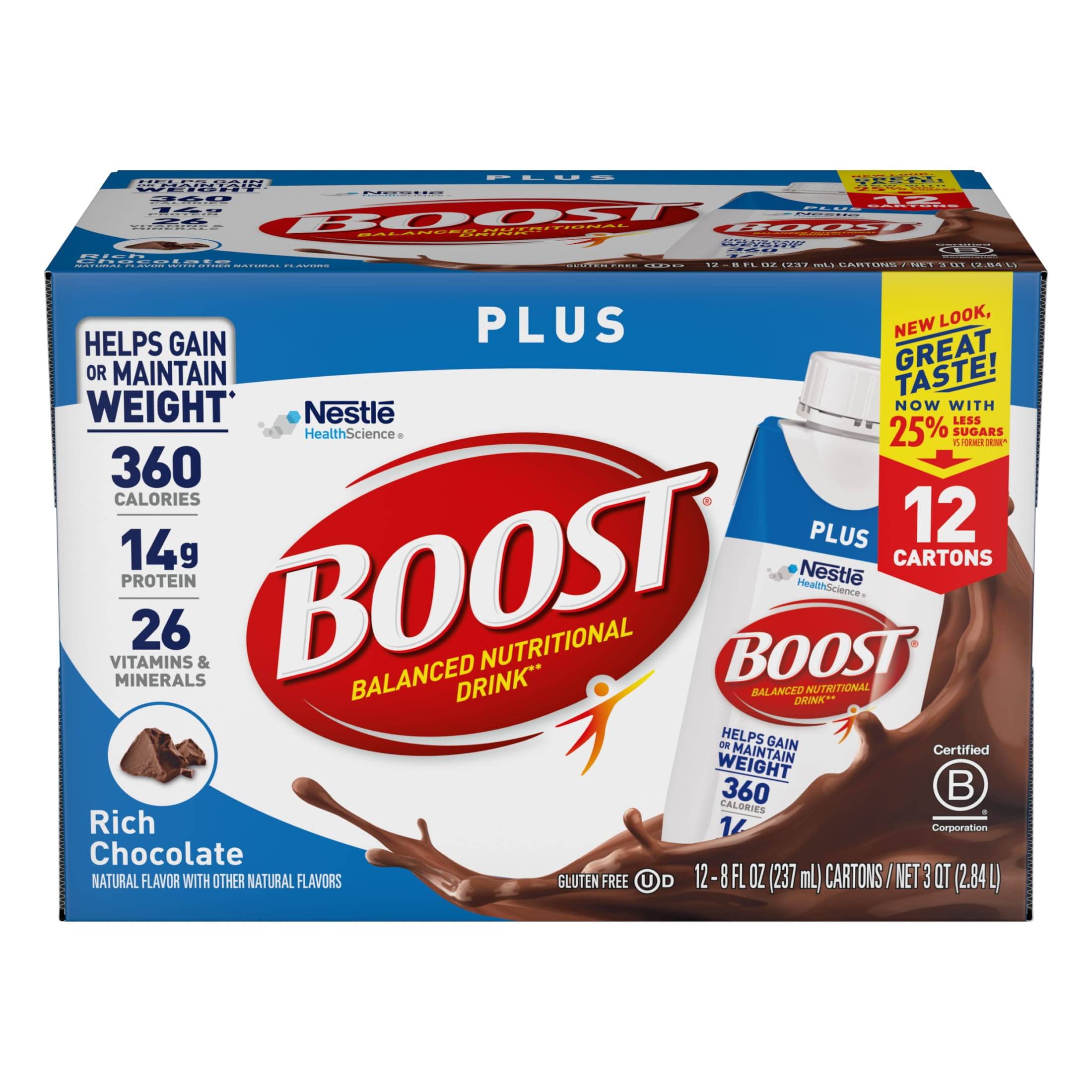 BOOST Plus Nutritional Drink Protein Shakes, Rich Chocolate, 8 fl oz, 12 Pack