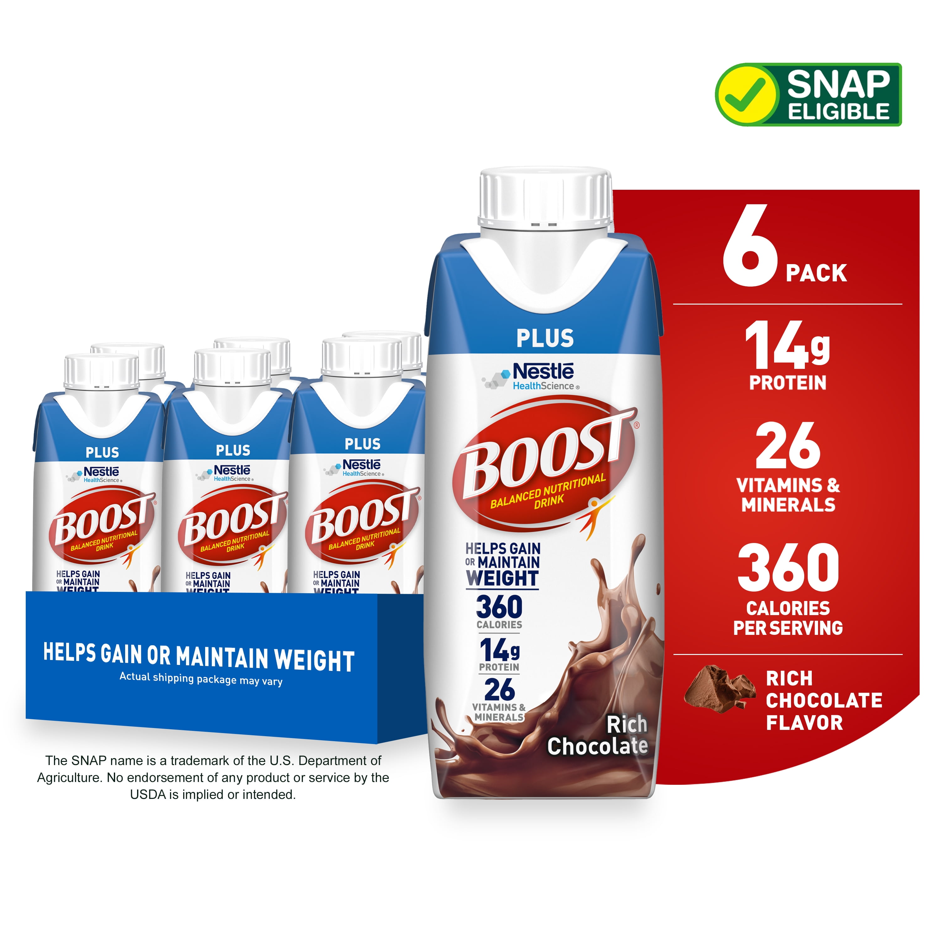 BOOST Plus Nutritional Drink Protein Shakes, Rich Chocolate, 8 fl oz, 6 Pack