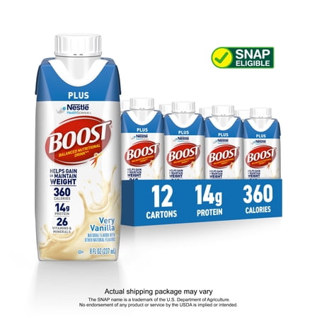 BOOST Plus Nutritional Drink Protein Shakes, Very Vanilla, 8 fl oz, 12 Pack