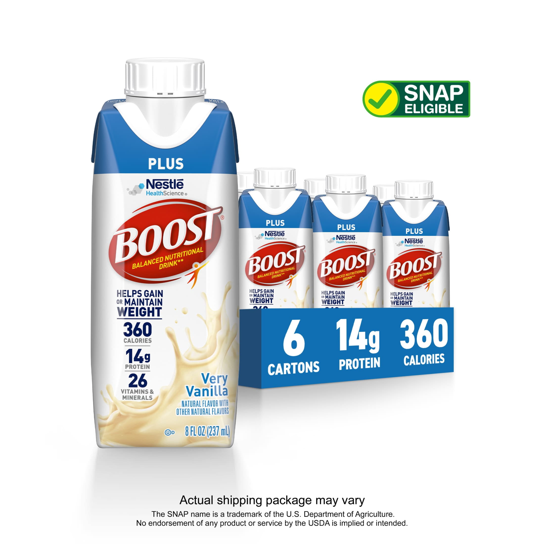 BOOST Plus Nutritional Drink, Very Vanilla, 14 g Protein, 6 - 8 fl oz Bottles
