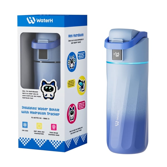 BOOST Smart Water Bottle with Reminder & Tracker, 16oz Kids Water Bottle for School, DIY Refrigerator Magnets, BPA-Free Vacuum Insulated Stainless Steel, Ideal Gift, Blue Fade
