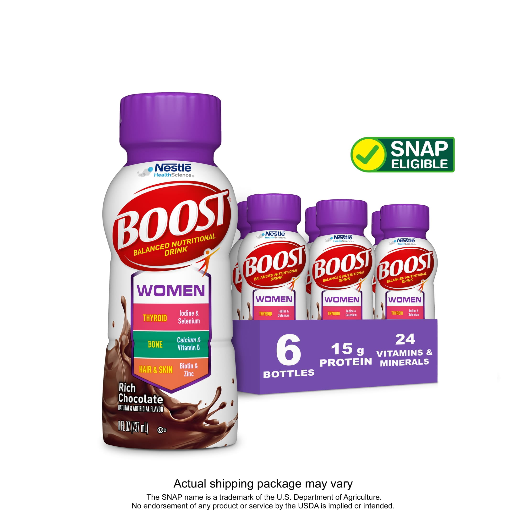 BOOST Women Nutritional Protein Drink Shakes with Biotin and Zinc, Rich Chocolate, 8 fl oz, 6 Pack