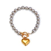 BOOTOOL 18K Gold Plated Stainless Steel Beaded Bracelet with Heart Charm, Toggle Clasp Bangle for Women