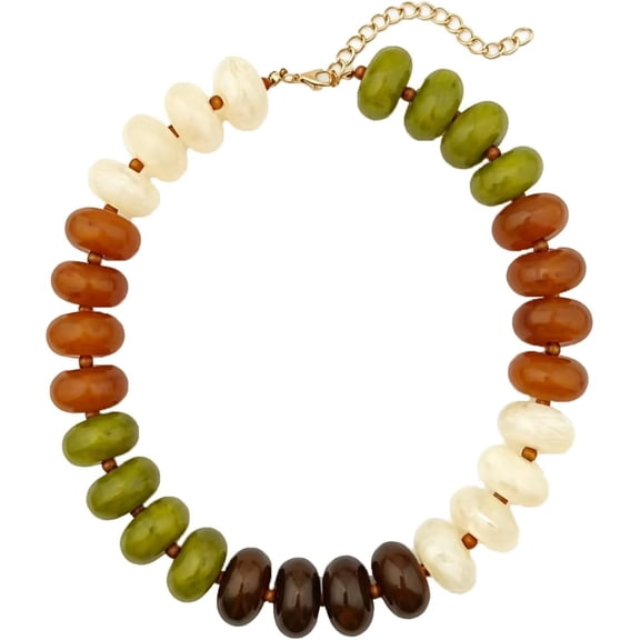 BOOTOOL Chunky Beaded Statement Necklace for Women, Cream Olive Green Orange Brown Rondelle Bead, Bohemian Style, Adjustable Length, Summer Beach Accessory