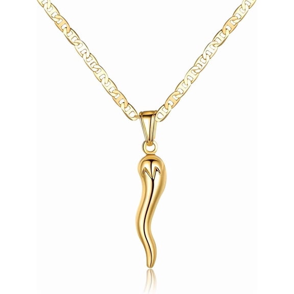 BOOTOOL Italian Horn Necklace for Men & Women, Gold Tone Cornicello Pendant with 3mm Flat Marina Chain, Classic Charm Jewelry Gift