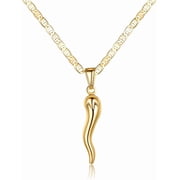 BOOTOOL Italian Horn Necklace for Men & Women, Gold Tone Cornicello Pendant with 3mm Flat Marina Chain, Classic Charm Jewelry Gift