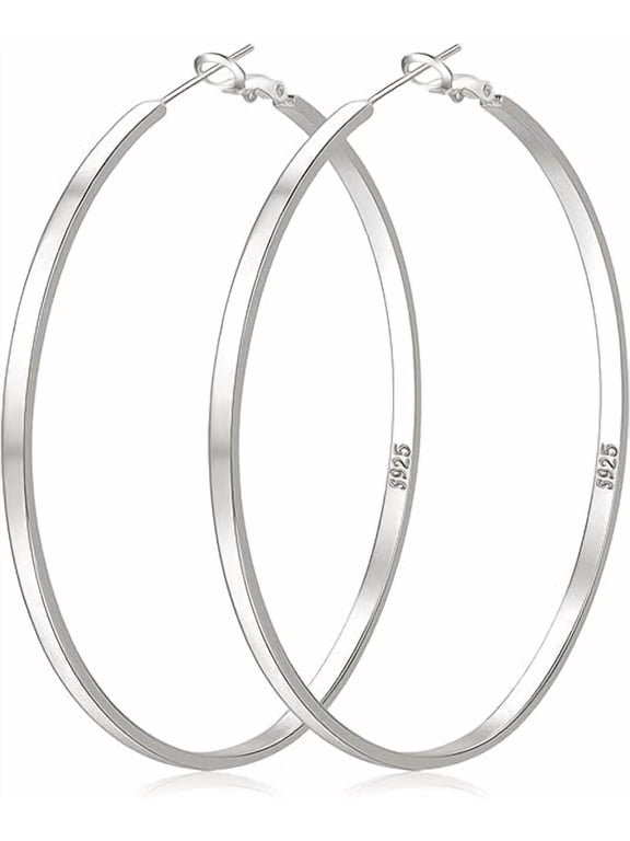 Large Hoop Earrings for Women, 925 Silver Plated Flat Hoop Earrings, Lightweight Delicate Earrings, 70mm Big Hoops Gift for Her