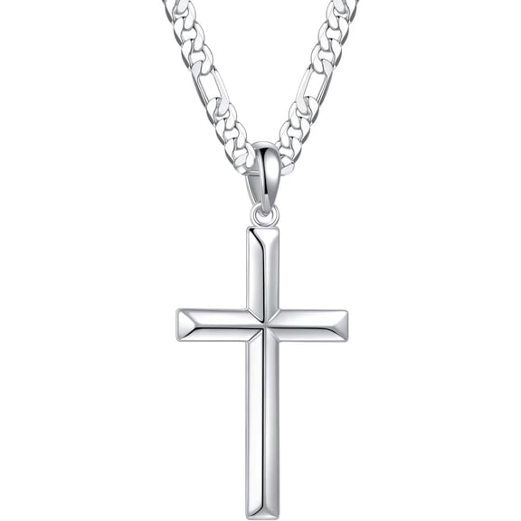 BOOTOOL Silver-Tone Cross Pendant Necklace for Men - 20 Inch Figaro Chain with Polished Cross Charm, Classic Faith Jewelry Gift