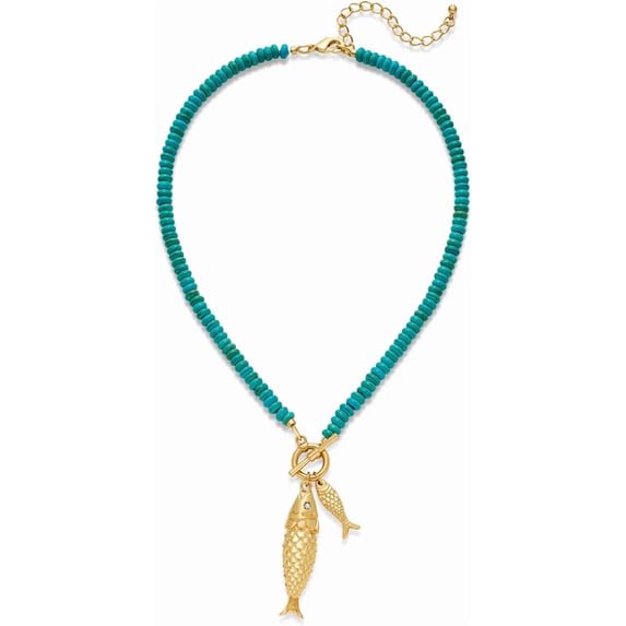 BOOTOOL Women's Beaded Fish Pendant Necklace - Adjustable Gold T-Clasp Choker, Bohemian Summer Beach Look, Lightweight Resort Accessory, Adorned with Two Fish Pendants