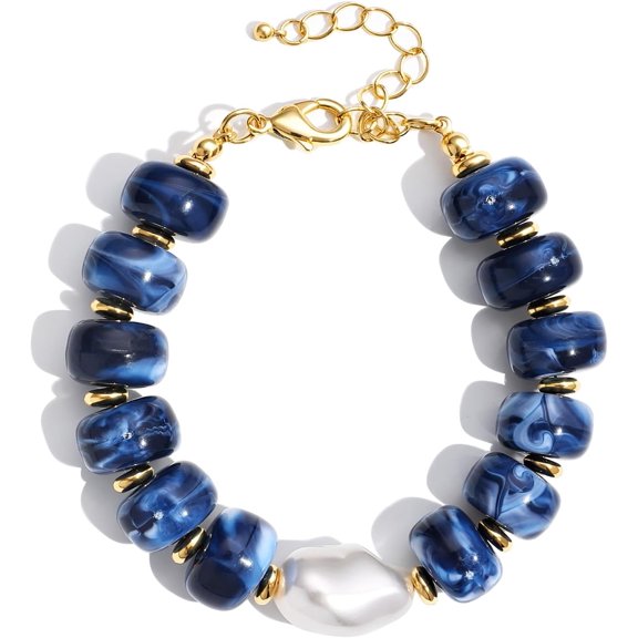 BOOTOOL Women's Chunky Beaded Bracelet – Bohemian-Style Blue Resin & Faux Pearl Statement Jewelry, Adjustable Chain, Stackable Handmade Gift for Women