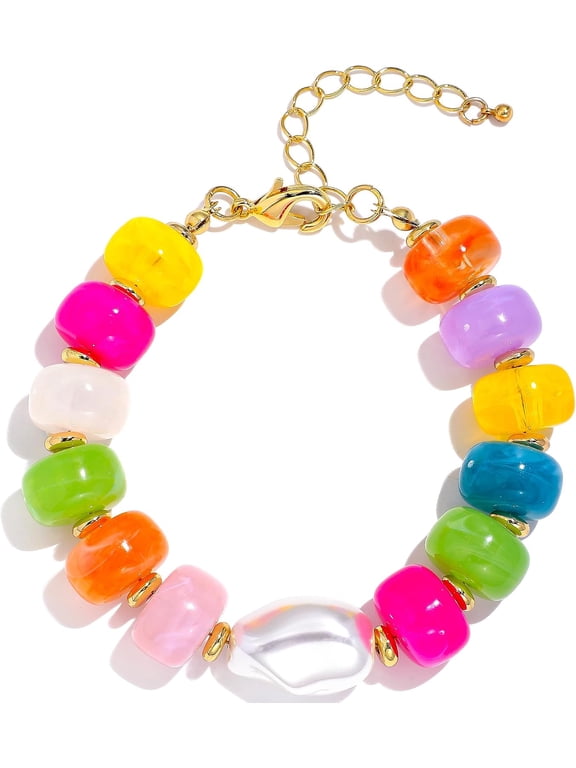 Women's Chunky Beaded Bracelet – Bohemian-Style Multicolor Resin & Faux Pearl Statement Jewelry, Adjustable Chain, Stackable Handmade Gift for Women