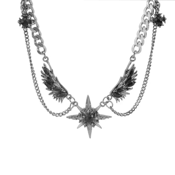BOOTOOL Women's Gothic Multi-Layer Chain Necklace – Gold or Silver, Featuring Winged Starburst & Black Faceted Heart Pendant, 17.7" Adjustable Chain