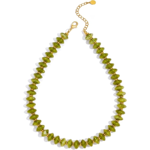BOOTOOL Women's Olive Green Resin Necklace, 18MM Disc Bead Chunky Choker, Adjustable Boho Jewelry Gift for Her