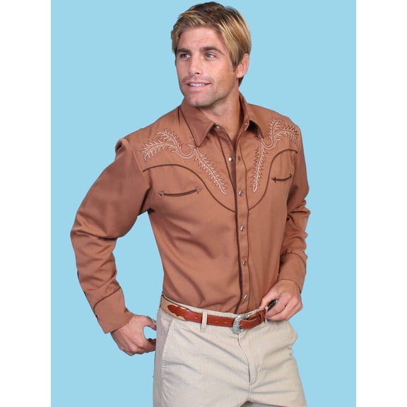 Scully P-922-BRN-XL Western Shirt Mens Long Sleeve Boot Stitch Embroidery, Brown - Extra Large