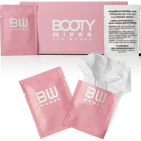 BOOTY WIPES for Women - 30 Individually Wrapped Flushable Feminine Wet Wipes for Travel, Flushable Wipes for Adults, pH Balanced Wipes with Vitamin E & Aloe Vera