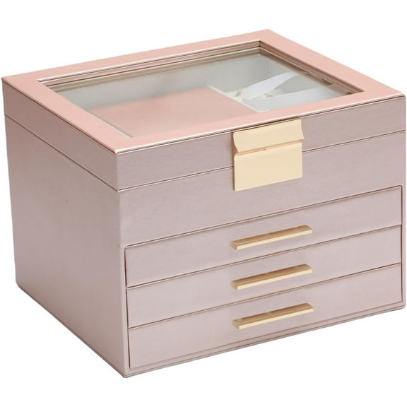 BOOVO Clear Lid Jewelry Box,3 Layers Jewelry Organizer Large Jewelry Storage Box with 2 Drawers,Jewelry Holder Organzier of Rings Earrings Necklace Bracelets for Women (Rose Gold, 4 Layer)