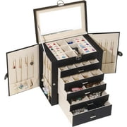 JZQYDS BOOVO Jewelry Box For women, 6 Layer Large Jewelry Organizer With Mirror, Multi-Function Storage Box With Lock, Accessory Holder With 5 Drawers, For Earrings Necklace Ring Bracelet (Black)