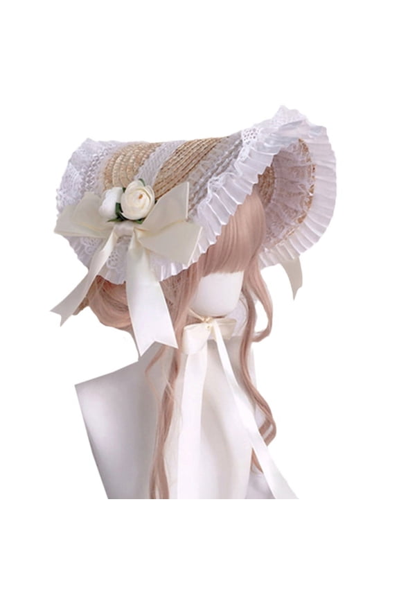 Elegant Straw Hat withStrap Bonnet Cap Headdress Ruffle Lace Hair Accessories