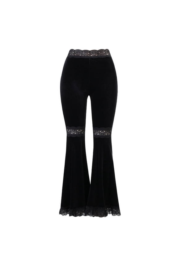 Women Gothic Black Velvet Flare Pants Sexy Hollow Out Lace Bell Bottom Trousers