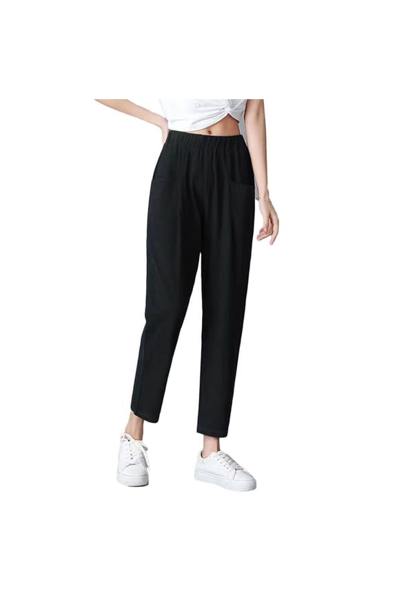 Women Linen Elastic Waist Cropped Pants Ankle Length Tapered Straight Trousers