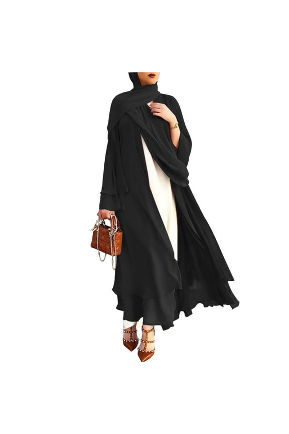 Women Muslim Long Sleeve Flowy Maxi Cardigan Islamic Open Front Kimono Abaya Robe Turkey Kaftan Solid Color Belted Loose Dubai Cover Up Dress