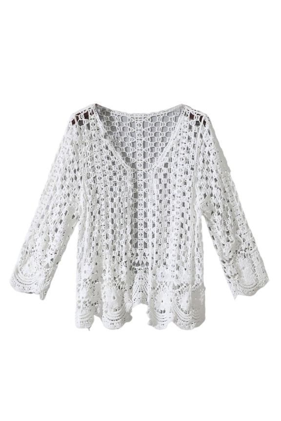 Women Spring Long Sleeve Cardigan Hollow Out Crochet Knit Floral Sweater Cover Up Open Front Scalloped Hem Mesh Net Sunscreen Shrug Coat Beachwear