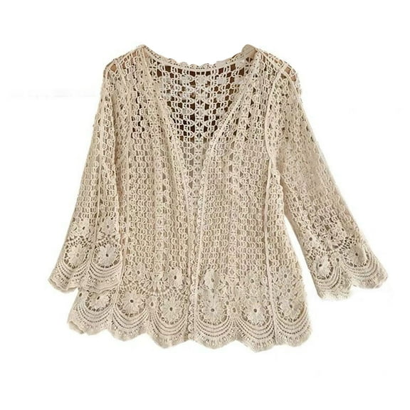 BOOYOU Women Spring Long Sleeve Cardigan Hollow Out Crochet Knit Floral Sweater Cover Up Open Front Scalloped Hem Mesh Net Sunscreen Shrug Coat Beachwear