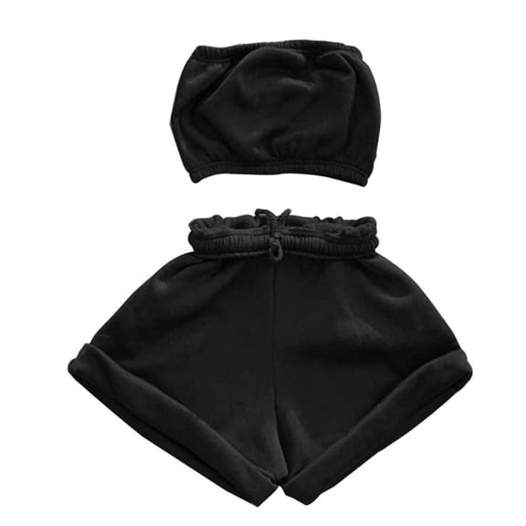 BOOYOU Women Summer 2 Pieces Romper Outfits Strapless Bandeau Tube Crop Top Drawstring Waist Shorts Matching Set Solid Color Tracksuit Sportswear