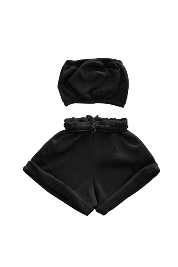 Women Summer 2 Pieces Romper Outfits Strapless Bandeau Tube Crop Top Drawstring Waist Shorts Matching Set Solid Color Tracksuit Sportswear