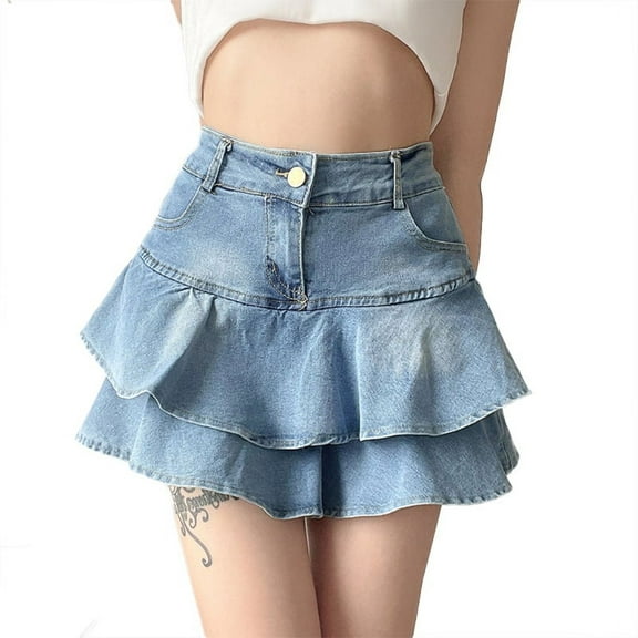 BOOYOU Women Summer High Waist A-Line Mini Cake Jeans Skirt Vintage Washed Pleated Ruffles Layered Tiered Casual Slim Denim Streetwear with Pockets